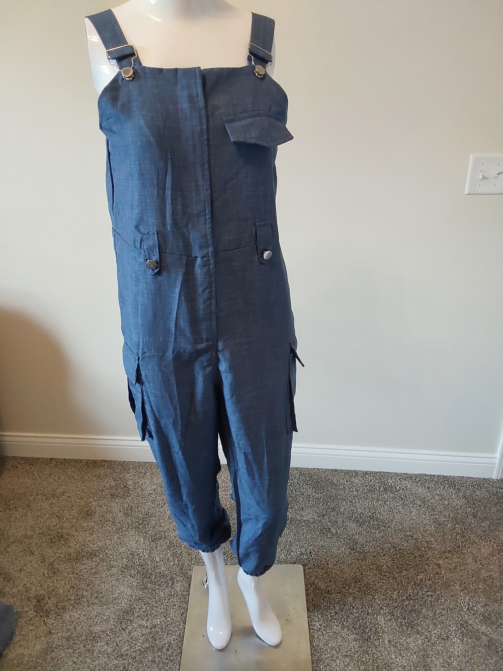 Sleeveless Chambray Utility Jumpsuit in Denim Blue